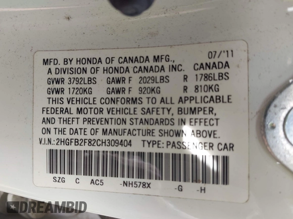 2012 Honda Civic EX with VIN 2HGFB2F82CH309404, listed as a IAAI auction lot 42080934 with 173,136 mi miles and . Bid and sale history available at DreamBid. Image 9.