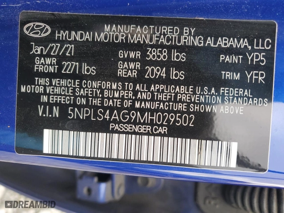 2021 Hyundai Elantra SEL with VIN 5NPLS4AG9MH029502, listed as a Copart auction lot 46278525 with 27,969 mi miles and Non Repairable. Bid and sale history available at carsss.com. Image 12.