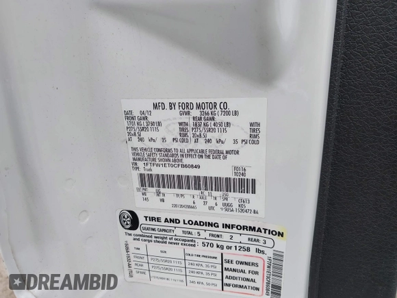 2012 Ford F-150 XL с VIN 1FTFW1ET0CFB60849, выставлен на аукционе IAAI как лот 42274866 с пробегом 220 185 миль миль и . История ставок и продаж доступна на DreamBid. Изображение 9.