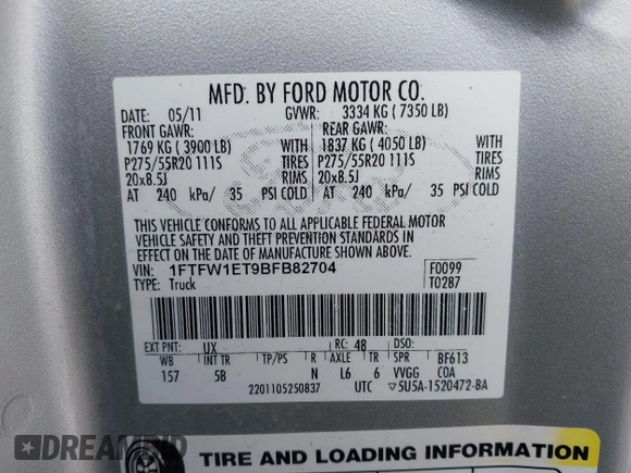 2011 Ford F-150 XLT with VIN 1FTFW1ET9BFB82704, listed as a IAAI auction lot 41238052 with 175,590 mi miles. Bid and sale history available at carsss.com. Image 9.