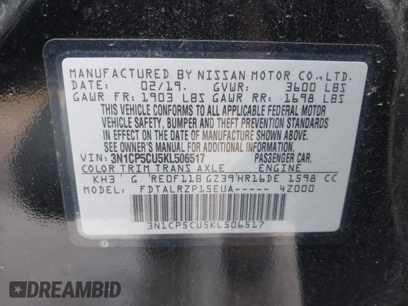 2019 Nissan Kicks S with VIN 3N1CP5CU5KL506517, listed as a IAAI auction lot 41647331 with 48,173 mi miles and . Bid and sale history available at carsss.com. Image 9.