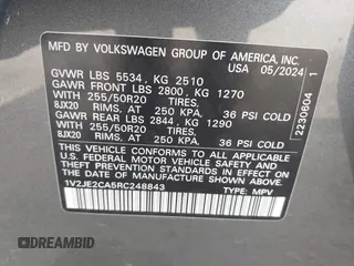 2024 Volkswagen Atlas SE with VIN 1V2JE2CA5RC248843, listed as a IAAI auction lot 42058274 with Not provided miles and . Bid and sale history available at DreamBid. Image 9.