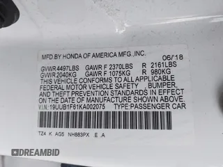 2019 Acura TLX w/A-Spec Pkg with VIN 19UUB1F61KA002075, listed as a IAAI auction lot 40991938 with 49,402 mi miles. Bid and sale history available at carsss.com. Image 9.