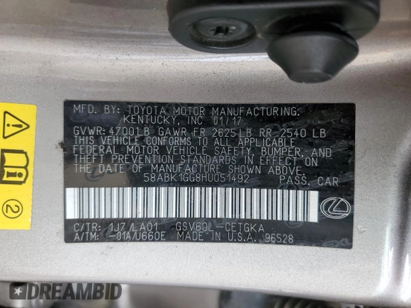 2017 Lexus ES with VIN 58ABK1GG8HU051492, listed as a Copart auction lot 47667255 with 112,340 mi miles and Salvage Title. Bid and sale history available at carsss.com. Image 12.