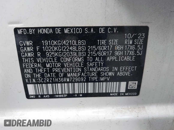 2024 Honda HR-V LX with VIN 3CZRZ1H36RM729092, listed as a IAAI auction lot 42058159 with 14,188 mi miles. Bid and sale history available at carsss.com. Image 9.