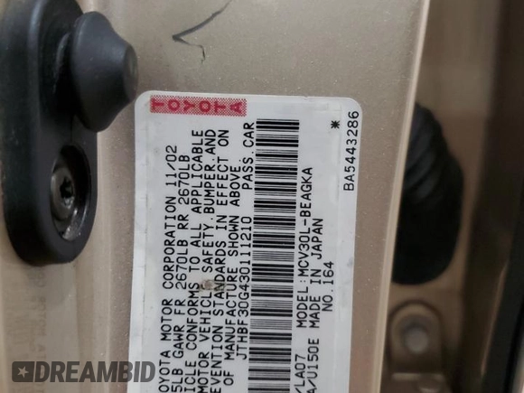2003 Lexus ES 300 with VIN JTHBF30G430111210, listed as a Copart auction lot 52084595 with 152,667 mi miles and Clean Title. Bid and sale history available at DreamBid. Image 12.