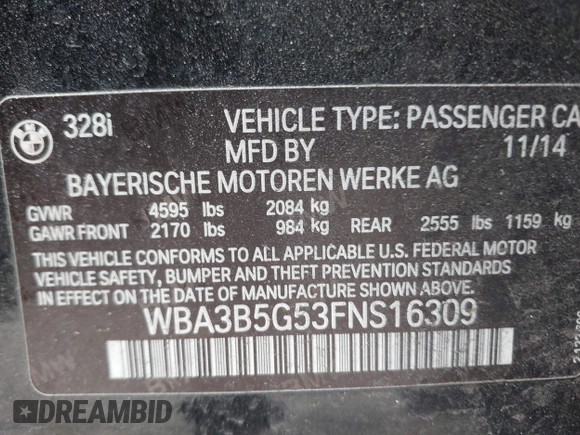 2015 BMW 3 Series 328i xDrive z VIN WBA3B5G53FNS16309, wystawiony jako IAAI lot #42093692 z przebiegiem 84 229 mil mil oraz . Historia ofert i sprzedaży dostępna na DreamBid. Obrazek 9.