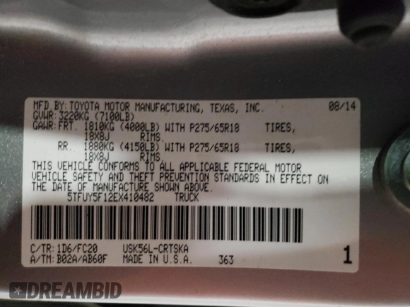 2014 Toyota Tundra 4WD Truck SR with VIN 5TFUY5F12EX410482, listed as a Copart auction lot 46003365 with 187,516 mi miles and Salvage Title. Bid and sale history available at carsss.com. Image 12.