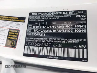 2022 Mercedes-Benz GLS 450 с VIN 4JGFF5KE6NA716736, выставлен на аукционе IAAI как лот 42269189 с пробегом 50 929 миль миль и . История ставок и продаж доступна на DreamBid. Изображение 9.