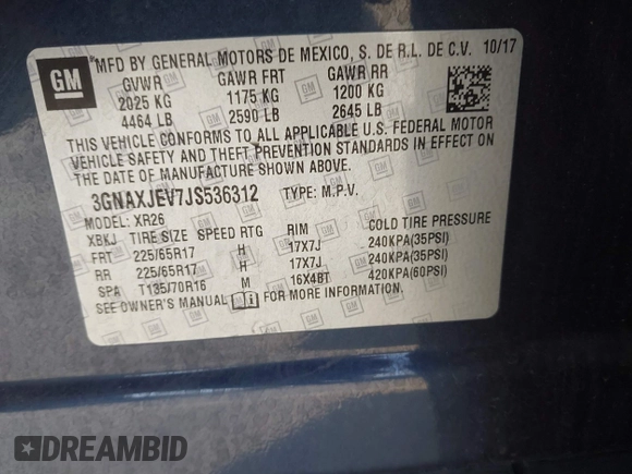 2018 Chevrolet Equinox LT with VIN 3GNAXJEV7JS536312, listed as a IAAI auction lot 42643403 with 168,673 mi miles and . Bid and sale history available at DreamBid. Image 9.
