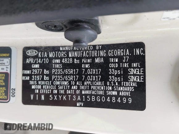 2011 Kia Sorento LX with VIN 5XYKT3A15BG048499, listed as a IAAI auction lot 41931974 with 164,221 mi miles and . Bid and sale history available at DreamBid. Image 9.