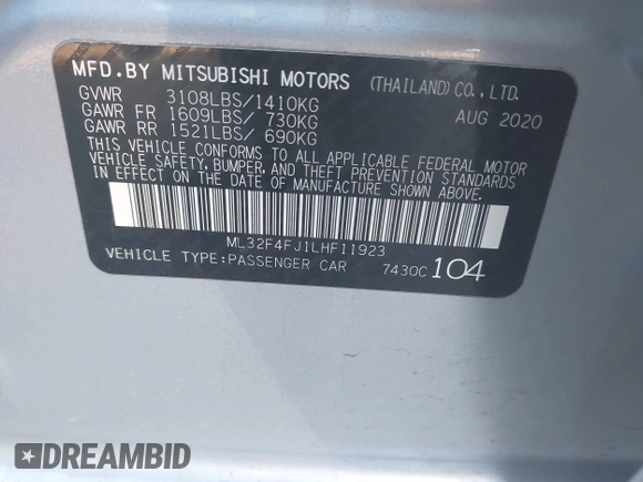 2020 Mitsubishi Mirage SE z VIN ML32F4FJ1LHF11923, wystawiony jako IAAI lot #41311166 z przebiegiem 84 367 mil mil oraz . Historia ofert i sprzedaży dostępna na DreamBid. Obrazek 9.