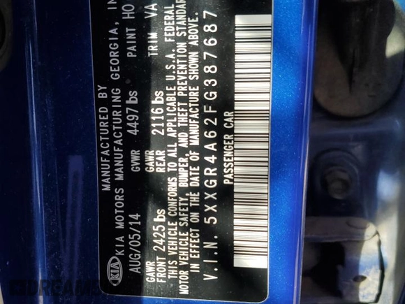 2015 Kia Optima SX Turbo with VIN 5XXGR4A62FG387687, listed as a Copart auction lot 53827035 with Not provided miles and Salvage title. Bid and sale history available at DreamBid. Image 12.