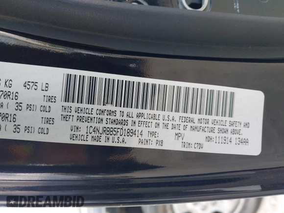 2015 Jeep Patriot Altitude z VIN 1C4NJRBB5FD189414, wystawiony jako IAAI lot #42390185 z przebiegiem 125 344 mil mil oraz . Historia ofert i sprzedaży dostępna na DreamBid. Obrazek 9.