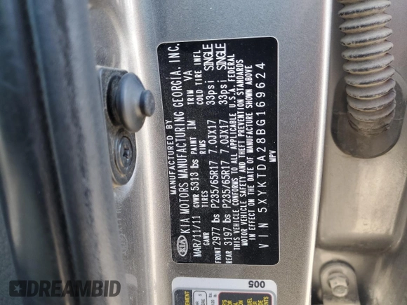 2011 Kia Sorento LX with VIN 5XYKTDA28BG169624, listed as a Copart auction lot 53676565 with 147,478 mi miles and Salvage Title. Bid and sale history available at carsss.com. Image 14.
