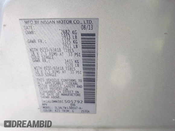 2014 Infiniti QX60 with VIN 5N1AL0MN3EC505792, listed as a IAAI auction lot 41761110 with 144,950 mi miles and . Bid and sale history available at DreamBid. Image 9.