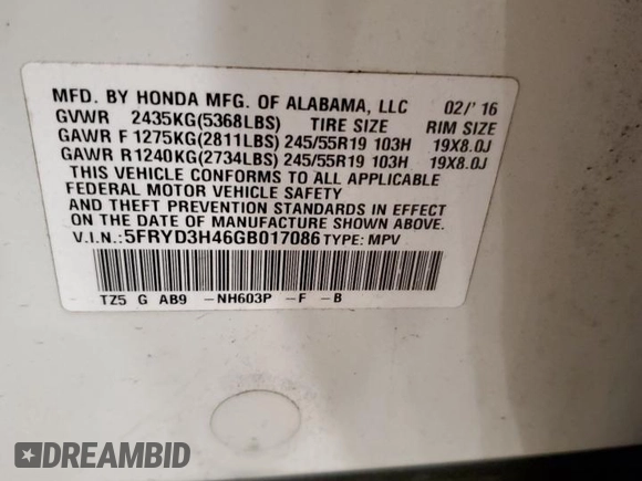 2016 Acura MDX w/Tech with VIN 5FRYD3H46GB017086, listed as a Copart auction lot 45859595 with 94,228 mi miles and Salvage Title. Bid and sale history available at carsss.com. Image 13.
