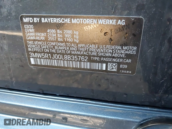2020 BMW 3 Series 330i with VIN 3MW5R1J00L8B35762, listed as a IAAI auction lot 41514516 with 65,749 mi miles and . Bid and sale history available at DreamBid. Image 9.
