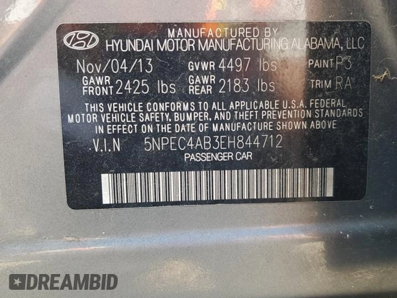 2014 Hyundai Sonata Limited with VIN 5NPEC4AB3EH844712, listed as a Copart auction lot 52318115 with 106,817 mi miles and Clean Title. Bid and sale history available at DreamBid. Image 12.