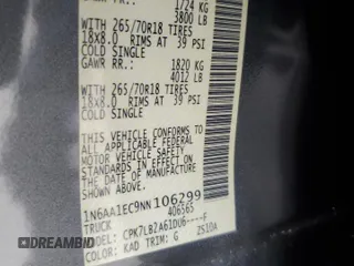 2022 Nissan Titan S with VIN 1N6AA1EC9NN106299, listed as a Copart auction lot 58061355 with 49,910 mi miles and Salvage title. Bid and sale history available at DreamBid. Image 12.