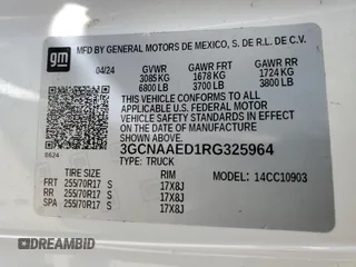 2024 Chevrolet Silverado 1500 Work Truck with VIN 3GCNAAED1RG325964, listed as a Copart auction lot 55850265 with 12,573 mi miles and Salvage Title. Bid and sale history available at DreamBid. Image 12.