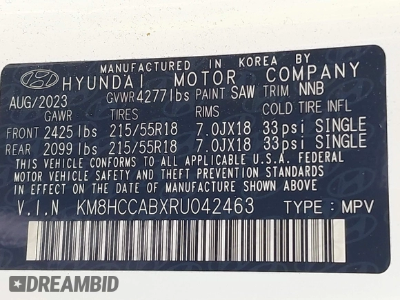 2024 Hyundai Kona SEL with VIN KM8HCCABXRU042463, listed as a IAAI auction lot 42090998 with 33,512 mi miles. Bid and sale history available at carsss.com. Image 9.