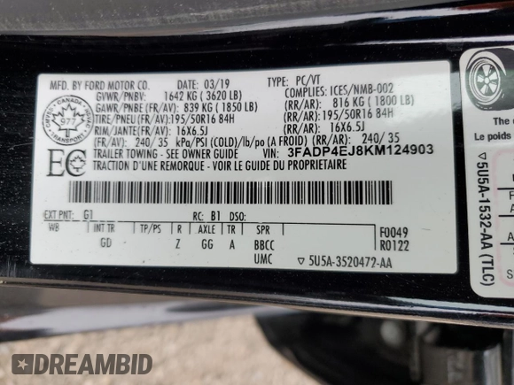 2019 Ford Fiesta SE z VIN 3FADP4EJ8KM124903, wystawiony jako Copart lot #54560125 z przebiegiem 86 616 mil mil oraz Szkoda całkowita • Salvage title. Historia ofert i sprzedaży dostępna na DreamBid. Obrazek 13.