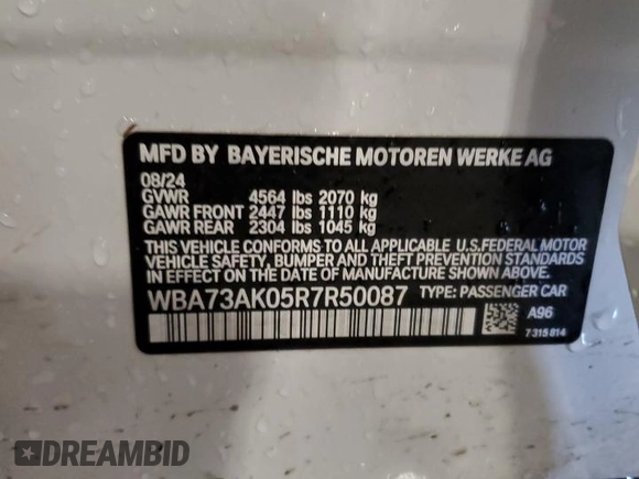 2024 BMW 2 Series 228i xDrive with VIN WBA73AK05R7R50087, listed as a Copart auction lot 60918395 with 14,125 mi miles and Salvage title. Bid and sale history available at DreamBid. Image 12.
