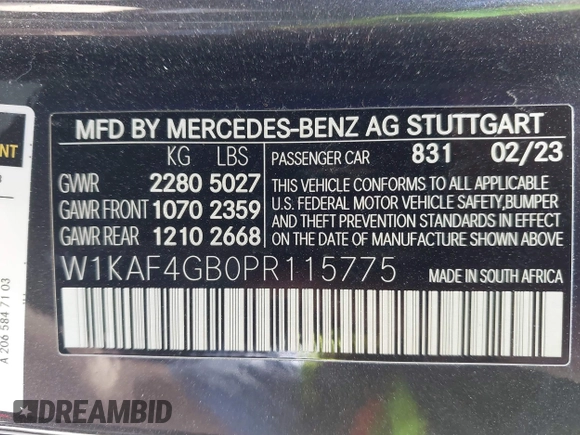 2023 Mercedes-Benz C 300 with VIN W1KAF4GB0PR115775, listed as a IAAI auction lot 41591564 with 22,332 mi miles and . Bid and sale history available at DreamBid. Image 9.