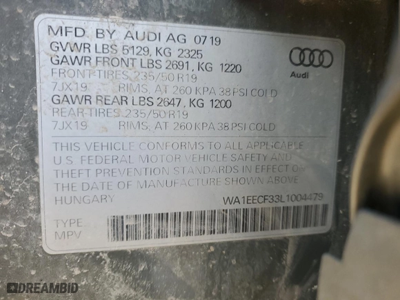 2020 Audi Q3 S line Premium Plus with VIN WA1EECF33L1004479, listed as a Copart auction lot 41704975 with 83,429 mi miles and Salvage Title. Bid and sale history available at carsss.com. Image 13.