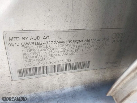 2012 Audi A4 2.0T Premium Plus with VIN WAUFFAFL9CA120553, listed as a IAAI auction lot 41828631 with 159,857 mi miles. Bid and sale history available at carsss.com. Image 9.