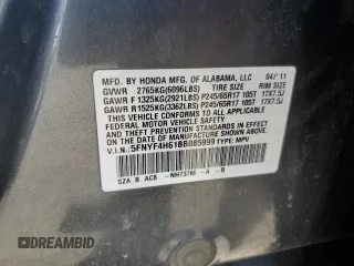 2011 Honda Pilot EX-L with VIN 5FNYF4H61BB085999, listed as a Copart auction lot 49703355 with 181,758 mi miles and Salvage Title. Bid and sale history available at DreamBid. Image 13.