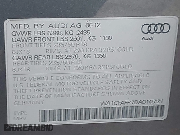 2013 Audi Q5 Premium with VIN WA1CFAFP7DA010721, listed as a IAAI auction lot 41703362 with 96,909 mi miles. Bid and sale history available at carsss.com. Image 9.