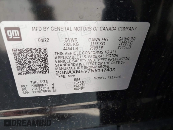 2022 Chevrolet Equinox RS with VIN 2GNAXMEV7N6147403, listed as a IAAI auction lot 42695434 with 68,645 mi miles and . Bid and sale history available at DreamBid. Image 9.