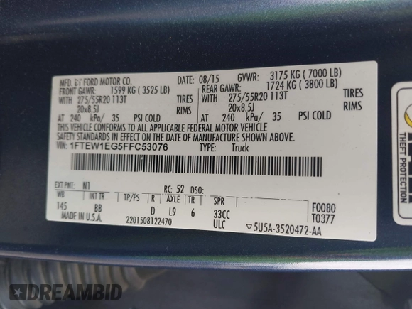 2015 Ford F-150 XLT with VIN 1FTEW1EG5FFC53076, listed as a IAAI auction lot 42475778 with 222,128 mi miles and . Bid and sale history available at DreamBid. Image 9.