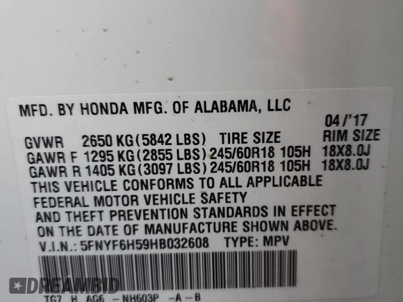 2017 Honda Pilot EX-L with VIN 5FNYF6H59HB032608, listed as a Copart auction lot 42244755 with 151,564 mi miles and Salvage Title. Bid and sale history available at DreamBid. Image 13.