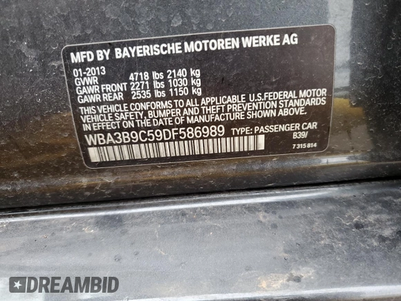 2013 BMW 3 Series 335i xDrive with VIN WBA3B9C59DF586989, listed as a Copart auction lot 52756845 with 120,785 mi miles and Salvage Title. Bid and sale history available at carsss.com. Image 12.
