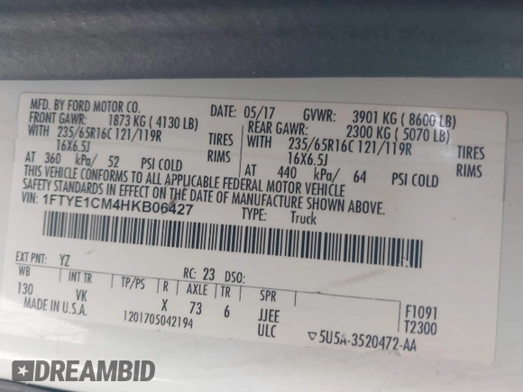 2017 Ford Transit with VIN 1FTYE1CM4HKB06427, listed as a IAAI auction lot 40597787 with 206,386 mi miles and . Bid and sale history available at DreamBid. Image 9.