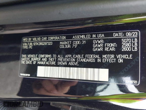 2024 Volvo S60 Core Dark Theme with VIN 7JRL12TK3RG297323, listed as a IAAI auction lot 42514589 with 33,757 mi miles and . Bid and sale history available at DreamBid. Image 9.