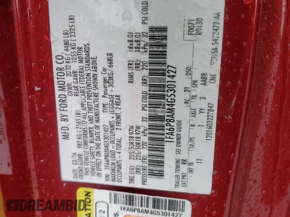 2016 Ford Mustang V6 z VIN 1FA6P8AM4G5301427, wystawiony jako Copart lot #58341105 z przebiegiem 113 008 mil mil oraz Szkoda całkowita • Salvage title. Historia ofert i sprzedaży dostępna na DreamBid. Obrazek 12.
