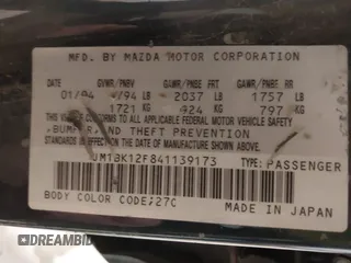 2004 Mazda 3 i with VIN JM1BK12F841139173, listed as a IAAI auction lot 40841392 with 264,821 mi miles and . Bid and sale history available at DreamBid. Image 9.