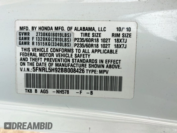 2011 Honda Odyssey Touring с VIN 5FNRL5H92BB008426, выставлен на аукционе Copart как лот 59419585 с пробегом 245 087 миль миль и Чистый • Clean title. История ставок и продаж доступна на DreamBid. Изображение 10.