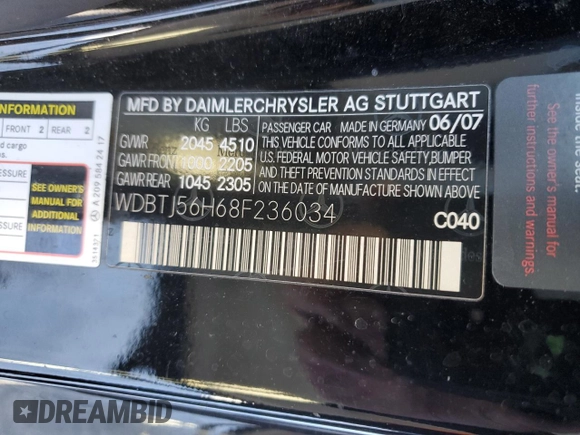 2008 Mercedes-Benz CLK 350 with VIN WDBTJ56H68F236034, listed as a Copart auction lot 88163635 with 156,478 mi miles and Salvage title. Bid and sale history available at DreamBid. Image 12.