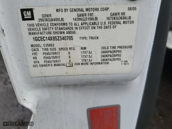 2005 Chevrolet Silverado 1500 Work Truck with VIN 1GCEC14X85Z340705, listed as a Copart auction lot 47091495 with NaN miles and Salvage Title. Bid and sale history available at carsss.com. Image 12.