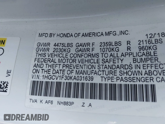 2019 Honda Accord Sport with VIN 1HGCV1F30KA031639, listed as a IAAI auction lot 42184537 with 87,619 mi miles and . Bid and sale history available at DreamBid. Image 9.