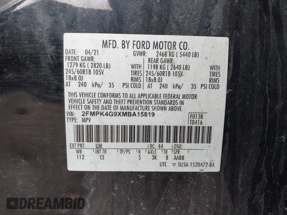 2021 Ford Edge SE z VIN 2FMPK4G9XMBA15819, wystawiony jako IAAI lot #41921371 z przebiegiem 63 373 mil mil oraz . Historia ofert i sprzedaży dostępna na DreamBid. Obrazek 9.