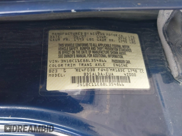 2008 Nissan Versa 1.8 S with VIN 3N1BC11E88L354866, listed as a IAAI auction lot 41349841 with 187,907 mi miles. Bid and sale history available at carsss.com. Image 9.