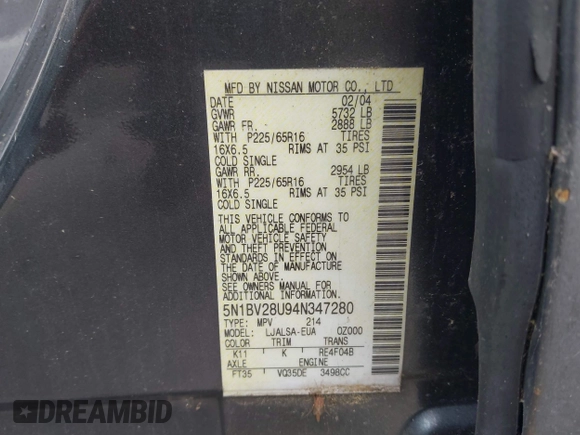 2004 Nissan Quest SE z VIN 5N1BV28U94N347280, wystawiony jako IAAI lot #42312376 z przebiegiem Nie podano mil oraz . Historia ofert i sprzedaży dostępna na DreamBid. Obrazek 9.