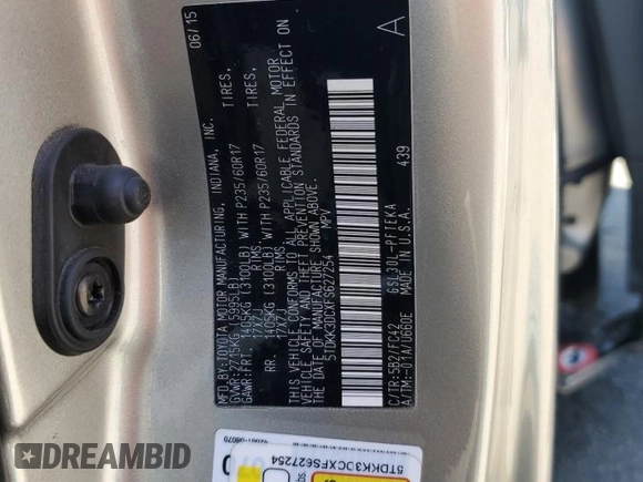 2015 Toyota Sienna LE AAS with VIN 5TDKK3DCXFS627254, listed as a Copart auction lot 49837295 with 107,701 mi miles and Salvage Title. Bid and sale history available at DreamBid. Image 13.