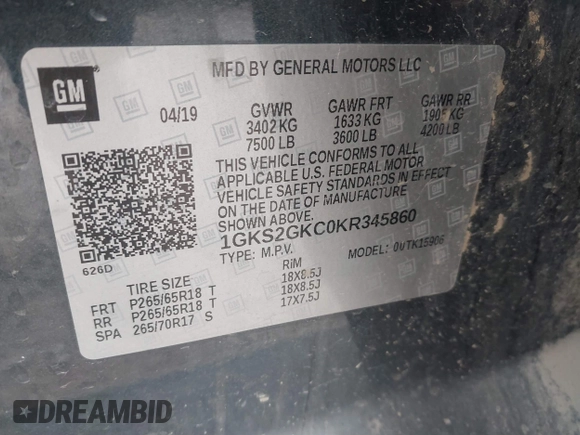 2019 GMC Yukon XL SLT with VIN 1GKS2GKC0KR345860, listed as a IAAI auction lot 40727072 with 127,568 mi miles and . Bid and sale history available at carsss.com. Image 9.